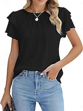voordelige Effen t-shirt-Dames T-shirt Met ruches Effen Elegant Modieus Stijlvol Korte mouw Strakke ronde hals Normale tops Dagelijks Uitgaan Weekend Zwart Wit Marineblauw Groen Abrikoos Zomer Lente