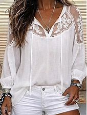 cheap Lace Tops-Women's Shirt Blouse Lace Tops Ruched Lace Plain Stylish Modern 3/4 Length Sleeve V Neck Regular Tops Casual Daily Holiday Black White Summer Spring
