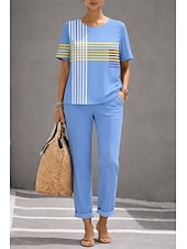 ieftine Costume de bluză de damă-Pentru femei Seturi de lenjerie de bumbac Manșon scurt Rotund Grafic Geometric Elegant Boemia Activ Casual Zilnic Albastru piscină Roz Îmbujorat Kaki Primavara vara Fit regulat