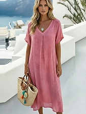 abordables Vestidos-Mujer Vestido Midi Vestidos con tacto de lino Moda Moderno Exterior Vacaciones Festivos Holgado Plano Manga Corta Escote en Pico Azul Real Naranja Verde Trébol Rosa Rojo Verano Primavera