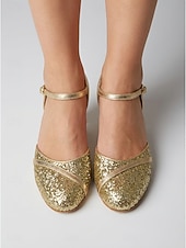 voordelige Ballroomschoenen &amp; moderne dansschoenen-Damesschoenen met gouden glitter, gesloten neus, ballroomdanshakken en enkelbandje, standaard dansschoenen voor wals, foxtrot en tango. &amp; prestatie