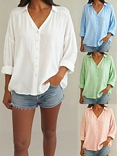 economico Camicie Finte Essenziali-Per donna Blusa Finto cotone e lino Bottoni Tinta unica Essenziale Casual Manica Lunga Scollo a V Top Regolari Quotidiano Blu Bianco Rosa Verde Estate Primavera Autunno