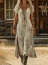 preiswerte Ethnisches Boho-Kleid-Damen Maxikleid Boho-Kleid Freizeitkleid A Linie Kleid Druckkleid Vintage Outdoor Urlaub Wochenende Normale Passform Blumen Grafik Kurzarm V Ausschnitt Blau Dunkelgrün Violett Grün Sommer Frühling