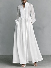 Недорогие Выпускные платья-Жен. Длинное платье Платье-рубашка Белое платье Платье на выпускной Элегантный стиль Мода Современное на открытом воздухе Отпуск На выход Стандартный Полотняное плетение Длинный рукав Вырез под горло