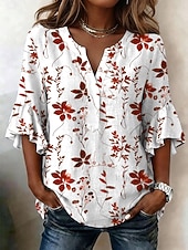 baratos Blusas Florais-Mulheres Blusa Frufru Imprimir Floral Gráfico Férias Diário Retro Vintage Manga 3/4 Decote V Tops longos Casual Diário Feriado Azul Vermelho Roxo Verde Verão Primavera