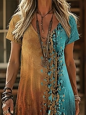  Жен. Длинное платье Платье в стиле бохо Повседневное платье Платье A-силуэта Платье с принтом Винтаж на открытом воздухе Отпуск выходные Стандартный Омбре Графика С короткими рукавами V-образный вырез