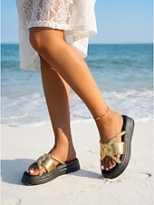cheap Women-Women's Gold Chain Platform Sandals – Chunky Slide Sandals for Beach &amp; Summer Vacation Wear