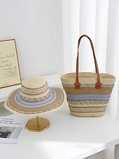 cheap Vacation &amp; Travel Bags-Women's Bohemian Striped Straw Tote Bag and Sun Hat Set, Boho Ethnic Woven Beach Vacation Handbag Set in Multiple Colors for Resort Travel, Casual Summer Outfits and Everyday Wear