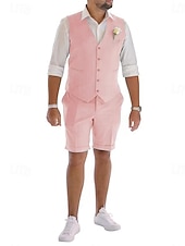  Uomo Smoking Completi in Lino Matrimonio in Spiaggia Spiaggia verde pisello Rosa Estate Tuta Scollo a V Tinta unita Vestibilità su misura 2 pezzi