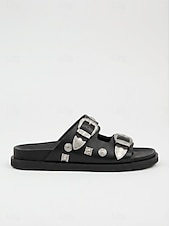 preiswerte Rutschsandalen-Schwarze Slide-Sandalen im Western-Stil für Damen – Riemchensandalen mit silberner Schnalle für Boho- und lässige Sommer-Outfits