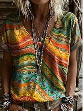billige Boho t-skjorte-Dame T skjorte Trykt mønster Grafisk Geometrisk Stamme Stilfull Fritid Kortermet V-hals Vanlige topper Avslappet Daglig Gul Lilla Oransje Brun Sommer Vår