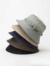 baratos Chapéus Masculinos-Chapéu bucket masculino respirável e leve em poliéster, várias cores, secagem rápida, ideal para férias na praia, pesca, caminhadas e uso casual no dia a dia.
