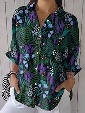 voordelige Bloemen Blouses-Dames Overhemd Bloemig Grafisch Elegant Vakantie Stijlvol 3/4 mouw Overhemdkraag Normale tops Casual Dagelijks Werk blauw Blozend Roze Paars Groen Zomer Lente