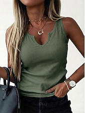 abordables Tanque Sencillo-Mujer Tejido de punto acanalado Camiseta sin mangas Color sólido Elegante Casual Sin Mangas Escote en U Tops regulares Noche Ropa de vacaciones Negro Blanco Marrón Verde Trébol Verano