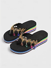 abordables Femmes-Tongs compensées arc-en-ciel pour femmes ornées de cristaux – sandales de plage bohèmes pour les vacances d'été
