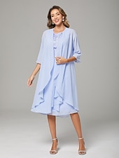 economico Set di abiti per la mamma-Due Pezzi Linea ad A Lunghezza al ginocchio Abito da invitata a nozze Abito da cerimonia per signora Senza Maniche Scollo Tondo Elegante Ospite di nozze Ricevimento di matrimonio Chiffon Pizzo Abiti