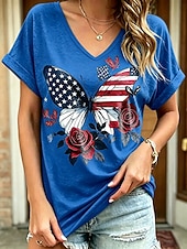  American Independence Day Women's T Shirt Print Graphic American Flag Vintage Stylish Casual Short Sleeve V Neck Regular Tops Casual Daily Weekend Blue Black White Purple Summer Spring