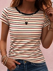 voordelige Stripe &amp; Geometrische t-shirt-Dames T-shirt Gestreept  Gestreept Stijlvol Klassiek Korte mouw Strakke ronde hals Normale tops Casual Kastanjebruin Blauw Zwart Zomer Lente