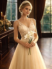 abordables Robes Longues &amp; Gowns-Ligne A Longueur au sol Robes de Bal Éclat &amp; Brillance Dos Nu Sans manches Col en V Bal de promo Formel Tulle Dos en V avec Perlage Appliques