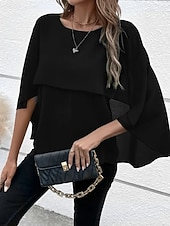 baratos Blusas Simples-Mulheres Blusa Franzido Côr Sólida à moda Básico Casual Manga 3/4 Gola Redonda Tops regulares Diário Azul Preto Rosa Vermelho Camelo Verão Primavera Outono