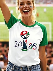 economico Partita di Calcio Mondiale-t-shirt da calcio da donna con stampa grafica, lettera, elegante, classica, casual, manica corta, girocollo, top regolari, casual, quotidiano, blu, nero, rosso, verde, estate, primavera