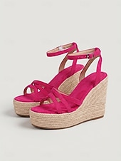 abordables Sandalias de cuña-Sandalias de cuña tipo alpargata para mujer, sandalias de plataforma con tiras y hebilla en el tobillo, zapatos bohemios de verano para la playa, cruceros y vestidos.