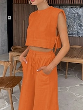 Недорогие Наборы-Women's Cotton Linen Sets Two Piece Sets Camis Sleeveless Crew Neck Plain Vacation Fashion Streetwear Casual Daily Outdoor Orange Brown Green Summer Regular Fit