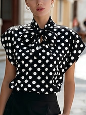 voordelige Strepen- en Geometrische Blouses-Dames Overhemd Blouse Top met stippen Strik Geometrisch Stijlvol Basic Klassiek Korte mouw Stropdas nek Normale tops Dagelijks Kantoor Feestdagen Zwart Wit Rood Zomer Lente