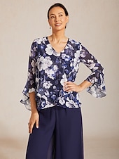 voordelige Bloemen Blouses-Dames Boho-shirt Blouse Ruche Bloemig Grafisch Paisley Vintage Stijlvol Casual 3/4 mouw V-hals Normale tops Dagelijks Werk Bruiloft gast Marineblauw Zomer Lente Herfst