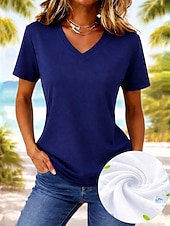  Femmes T-shirt Chemise en coton Couleur Unie Mode Élégant Basique Manche Courte Col en V Hauts Réguliers Occasionnel Quotidien Sortir Blanche Rose Claire Rouge bleu marine Vert Été Printemps
