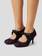 economico Retrò anni ’50-Décolleté vintage anni '50 da donna in pizzo viola scuro - eleganti scarpe con tacco in pizzo floreale viola intenso e fiocco in nastro di raso &amp;cinturini incrociati per balli retrò e serate di gala