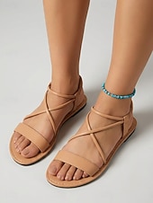economico Donne-Sandali da donna bianchi con cinturini - comode scarpe estive basse con sottili cinturini incrociati e tallone elastico, ideali per vacanze al mare e viaggi sulle isole.