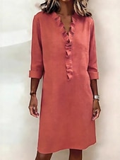 Χαμηλού Κόστους Βασικά Ψεύτικα Φορέματα-Γυναικεία Μίντι φόρεμα Λινό από ψεύτικο βαμβάκι Φόρεμα ριχτό Καθημερινό Καθημερινά Χαλαρή Εφαρμογή Σκέτο Μακρυμάνικο Λαιμόκοψη V Βαθυγάλαζο Ανθισμένο Ροζ Ρουμπίνι Καλοκαίρι Άνοιξη Φθινόπωρο