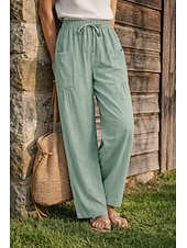 Недорогие Роскошные брюки-Жен. Широкие Льняные брюки Штаны Чино Отпуск Мода Классический Полная длина Нормальная Полотняное плетение Кулиска Плиссировка Карман Комфорт Легкость Дышащий Неэластичная