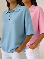 tanie Gładkie bluzki-Damskie Koszula waflowa Jednokolorowe Elegancja Aktywny Urlop Bez rękawów Rękaw 1/2 W serek Kołnierz polo Długie topy Codzienny Na zewnątrz Streetwear Niebieski / Czarny Biały + czarny Czerwony