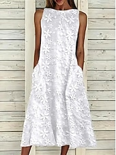 abordables Vestidos de encaje blanco-Mujer Vestido Midi Vestido de encaje Vestido blanco Elegante Moda Diario Playa Vacaciones Ajuste regular Floral Sin Mangas Escote Barco Blanco Verano Primavera