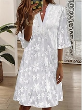 cheap White Lace Dresses-Women's Knee Length Dress Lace Dress White Dress Elegant Fashion Beach Vacation Holiday Regular Fit Floral Half Sleeve V Neck White Summer Spring