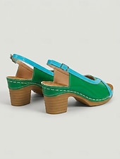 economico Sandali con tacco-Sandali da donna color block con punta aperta e cinturino posteriore e tacco a blocco – comodi sandali estivi in pelle verniciata con tacco, ideali per vacanze, feste in giardino, viaggi e per l'uso