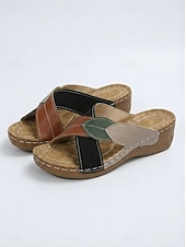 billiga Slide Sandaler-kvinnors flerfärgade blad patchwork-sandaler - bekväma tofflor med öppen tå för vardags- och utomhuskläder