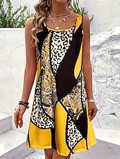 abordables Arte &amp; Diseño Vestidos-Mujer Vestido hasta la Rodilla Vestido de verano Vestido de una línea Vacaciones Casual Boho Playa Fiesta Boda Ajuste regular Graphic Leopardo Geométrico Sin Mangas Escote en U Amarillo Rojo Naranja