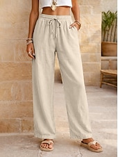 cheap Bottoms-Women's Cotton Linen Pants Summer Pants Pants Trousers Vacation Basic Casual Daily Full Length Natural Plain Drawstring Front Pocket Comfort Breathability Comfortable Inelastic Daily Going out Weekend
