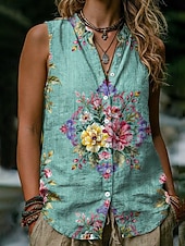 abordables Blusas Florales-Mujer Camisa Botones Estampado Floral Graphic Vintage Elegante Moderno Sin Mangas Escote Chino Tops regulares Casual Diario Azul Piscina Verde Trébol Verano Primavera