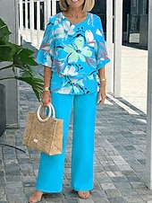 economico Abiti da donna con camicetta-Per donna Set di Pantaloni Manica 3/4 Girocollo Floreale Grafico Elegante Vacanza Casuale Quotidiano Vacanza Blu Fucsia Arancione Estate Vestibilità comoda