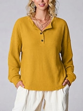 abordables T-shirt uni-Femmes Chemise Tops en tricot gaufre Couleur Unie Élégant Classique Occasionnel manche longue Henley Hauts Réguliers Quotidien Sports Week-end Noir Blanche Jaune Rouge Orange Été Printemps Automne