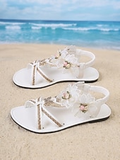 abordables Sandalias Planas-Sandalias de playa blancas románticas para mujer: cómodas chanclas planas con detalle de flor en 3D para vacaciones de verano, bodas en la playa y ropa de resort tropical.