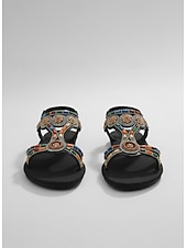 baratos Sandálias Planas-Sandálias rasteiras femininas pretas estilo boêmio com aplicações de miçangas multicoloridas – calçado étnico floral com tira em T, ideal para férias em destinos tropicais e viagens à praia.