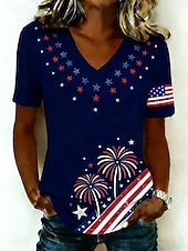  День независимости США Жен. Футболка С принтом Графика Американский флаг Винтаж Стиль Классика С короткими рукавами V-образный вырез Обычные топы Повседневные Черный Белый Темно синий Светло-синий