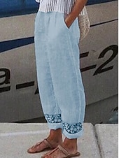 levne Luxusní kalhoty-Dámské kalhoty ze 100% bavlny, letní kalhoty, volnočasové, denní, celopropínací, přírodní, jednobarevné, se stahovací šňůrkou, boční kapsy, výstřih, prodyšné, pohodlné, neelastické, na víkend, bílá, modrá, světle šedá, šedá