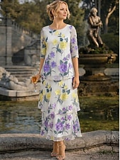 billige Ankellengde-A-linje Kjoler Ankellengde Festkjole Cocktail Kjole Kjole til brudens mor Halvlange ermer Øsehals Elegant Årgang Formell Bryllupsgjest Ferie Chiffon med Blomstertrykk Drapert Broderi