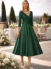preiswerte Cocktailkleider-A-Linie Tee-Länge Cocktailkleider Partykleider Elegant Vintage Übergröße Dreiviertelarm V Ausschnitt Hochzeitsgast Satin mit Falten